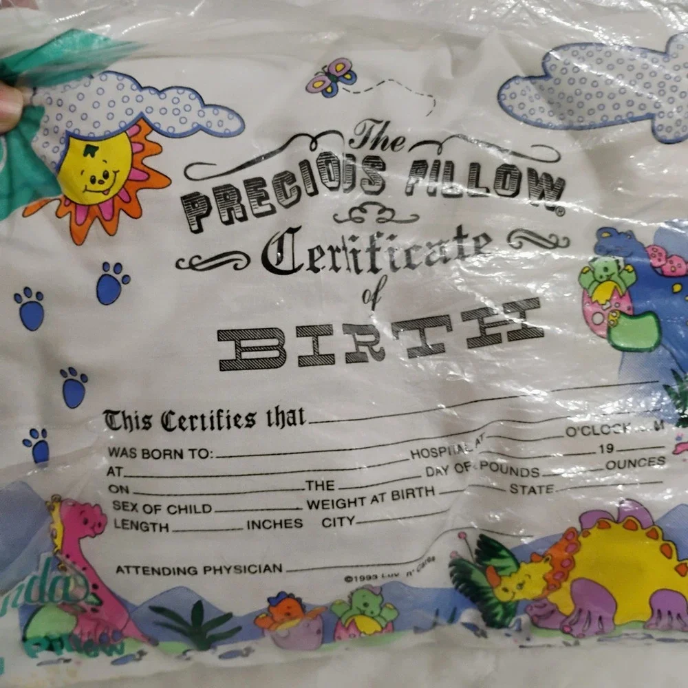 Vintage Luv n Care Dinosaur Baby Birth Pillow Keepsake Certificate New Q